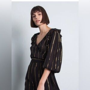 NWT Karina Grimaldi XS Black & Gold Stripes Mock Wrap Peasant 3/4 Sleeve $250